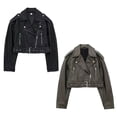 thumbnail image 2 of HH TRAF Chaqueta corta de piel sintética de manga larga con solapa y nueva moda de otoño para mujer, chaqueta de cuero informal elegante de estilo urbano para mujer, 2 of 4