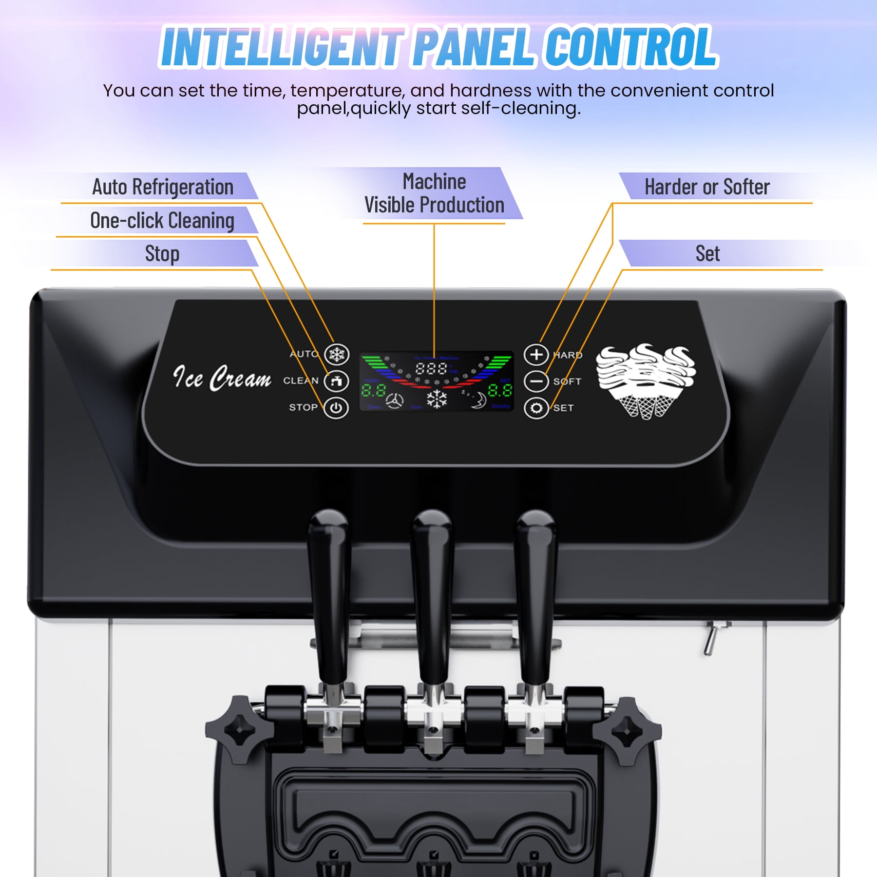 Commercial 3-Flavor Soft Serve Ice Cream Machine 2200W, 5.3-7.4 Gal/Hr LCD Touch Screen Auto Cleaning for Home, Snack Bars & Restaurants – No Pre-Chill Needed