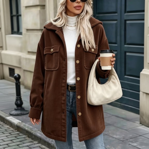 Corduroy Jacket for Women Oversized Long Sleeve Button Down Jacket Casual Work Travel Fall Winter Coat, L