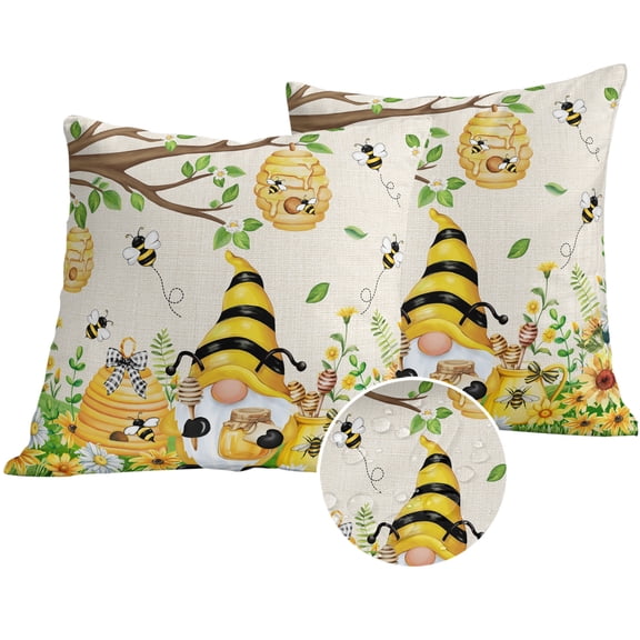 Yellow Daisy Gnomes Outdoor Pillow Covers 18x18 Set of 2,Waterproof Patio Throw Pillowcase Protectors,Pastoral Bees Floral Botanical Beige Decorative Pillow Shams Cushion Covers for Seat Bed Couch