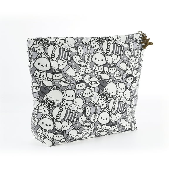 Unique Bargains 1 Pc Women Cartoon Cats Large Cosmetic Bag for Outdoor Activities Gym Gray White Cotton