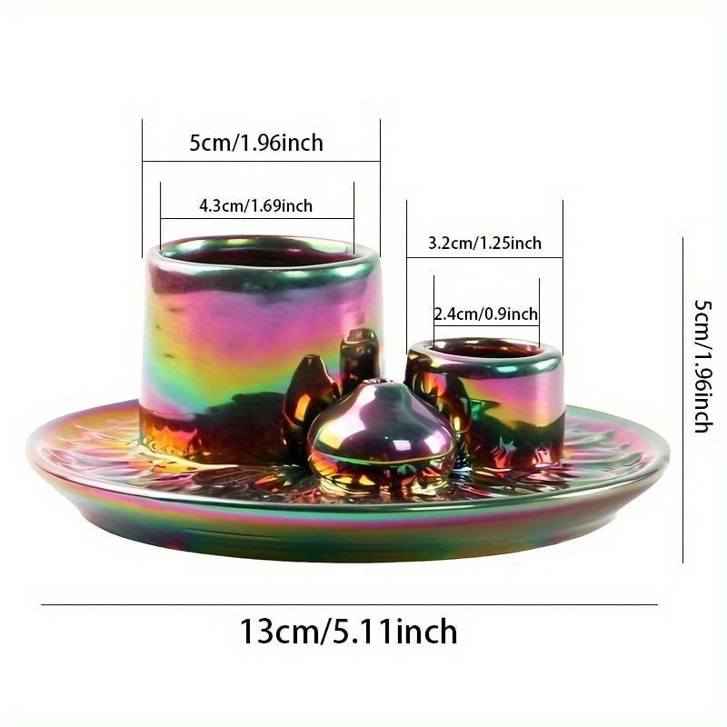 1pc Artistic Ceramic Candle Holder & 4-in-1 Incense Burner - Electroplated Rainbow Finish, Multifunctional Palo Santo & Sage Smudging Kit, Boho Home Decor with Vibrant Iridescent Finish