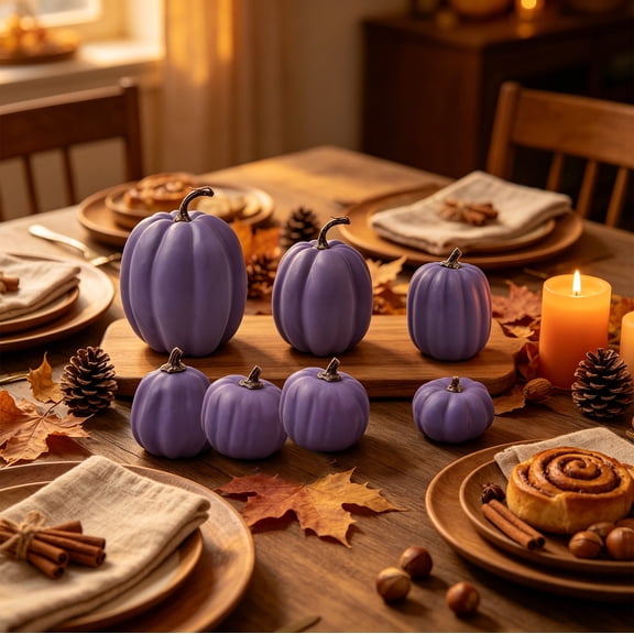 Fall Decor 7 PCS Purple Foam Artificial Pumpkins Set Assorted Sizes Matte Fake Pumpkin Ornaments Modern Autumn Harvest Thanksgiving Halloween Table Tiered Tray Home Decor