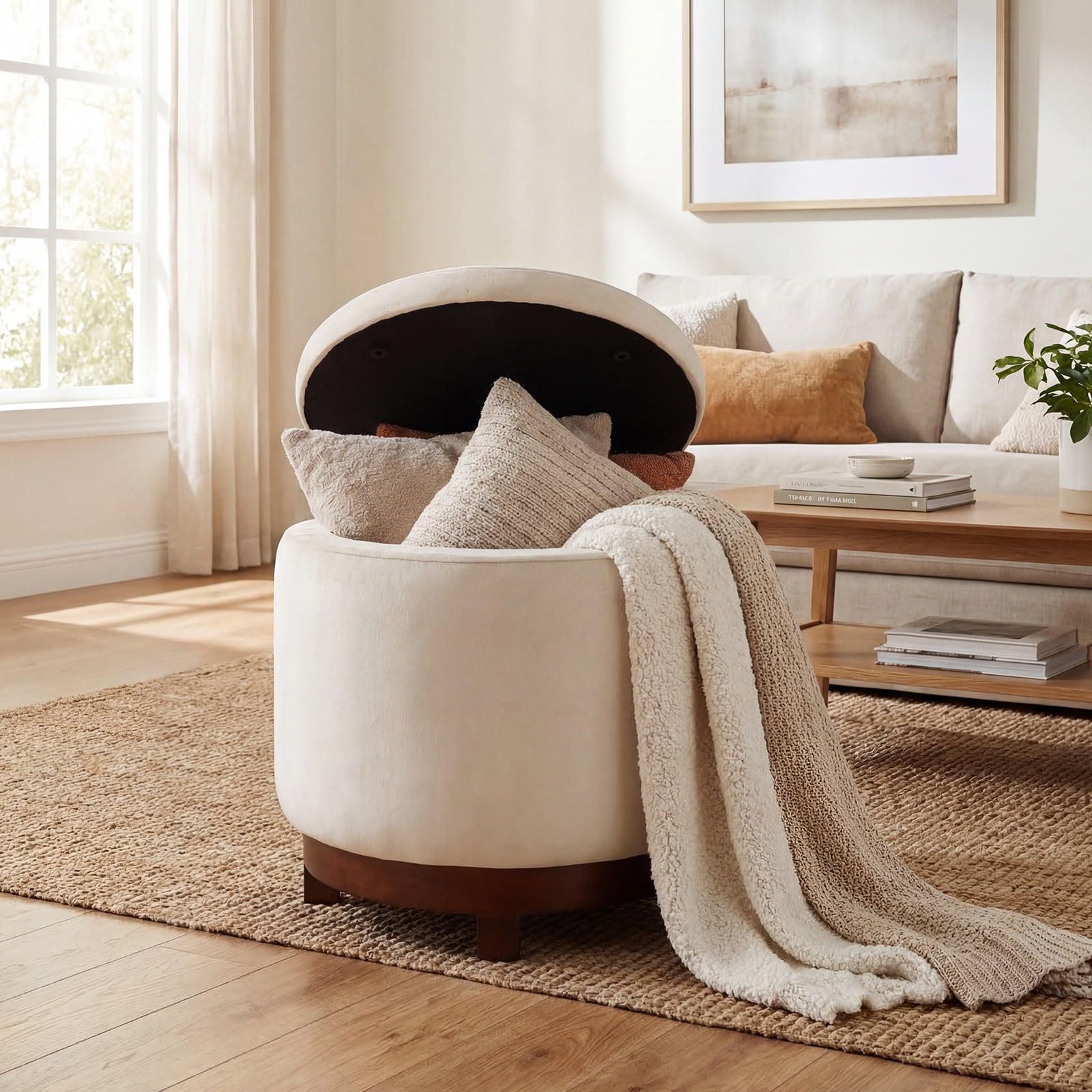 Costway 360° Swivel Velvet Foot Rest with Hidden Storage, 400 Lbs Weight Capacity for Home White and Walnut