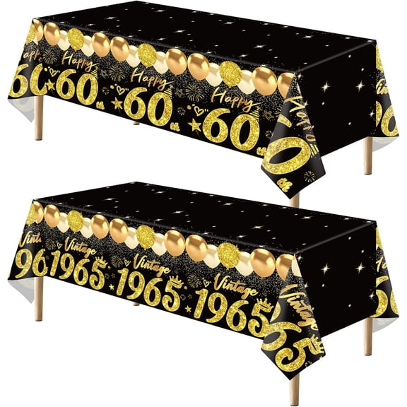 Osmanthus 60th Birthday Tablecloth, Black Gold 60th Birthday Decorations for Men Women Vintage 1965 Table Cloth Plastic Rectangular Table Cover Happy 60 Anniversary Party Supplies