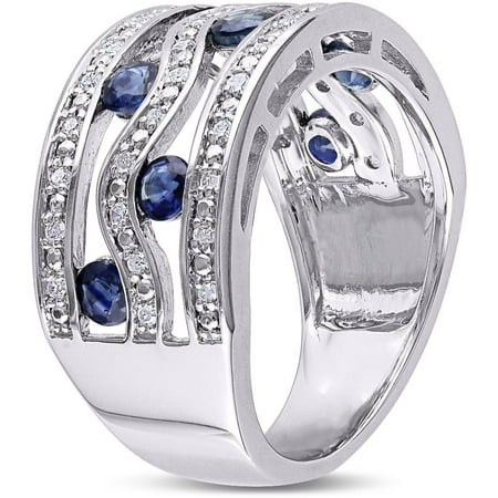 1 Carat T.G.W. Sapphire and 1/5 Carat T.W. Diamond Sterling Silver Three-Row Ring