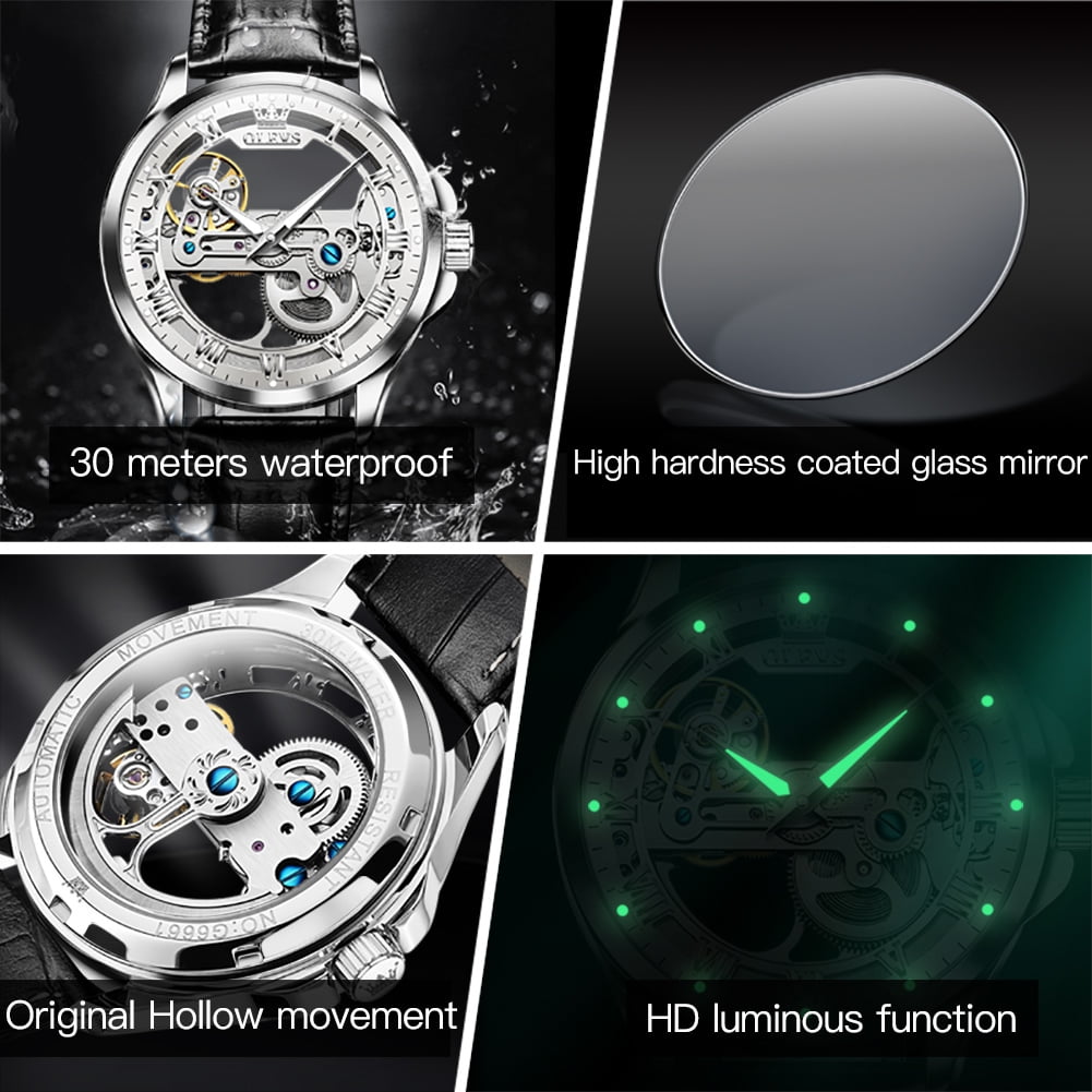 OLEVS Automatic Watches for Men Skeleton Black Leather Band Large Face Self Winding Mechanical Mens Dress Watches Waterproof Easy to Read Luminous Business Casual Mens Wrist Watches Reloj Para Hombre