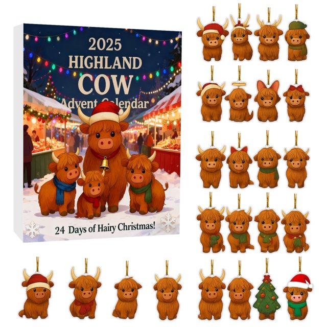 Highland Cow Advent Calendar 2025, Highland Cow Christmas Decoration, 24-Day Surprise Christmas Advent Countdown, For Christmas Tree Home Decoration