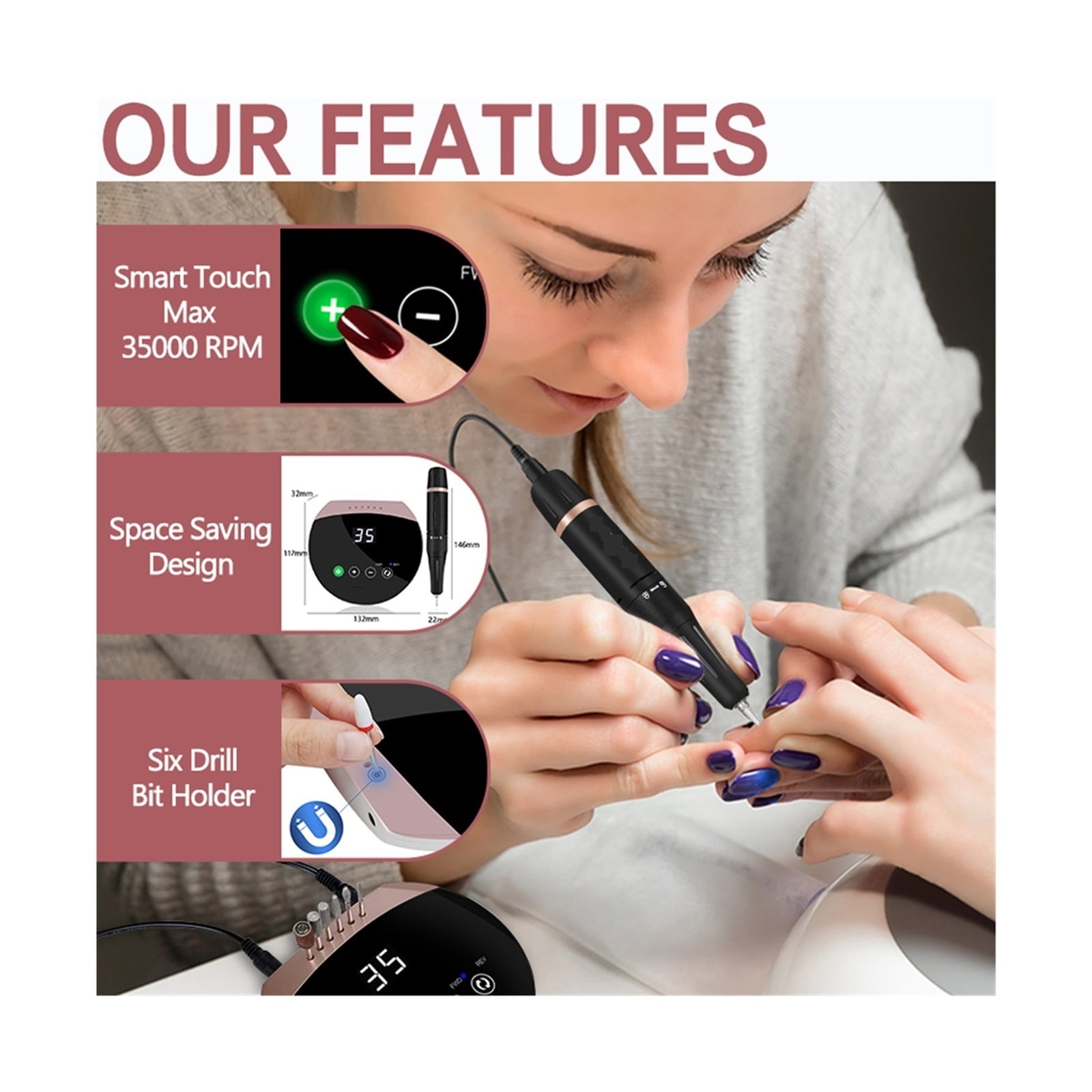 Electric Nail Drill Machine,Professional Portable Nail Drill Machine With Touch Screen,35000RPM Electric Nail File For Acrylic Nails Gel Nails ,Low Noise