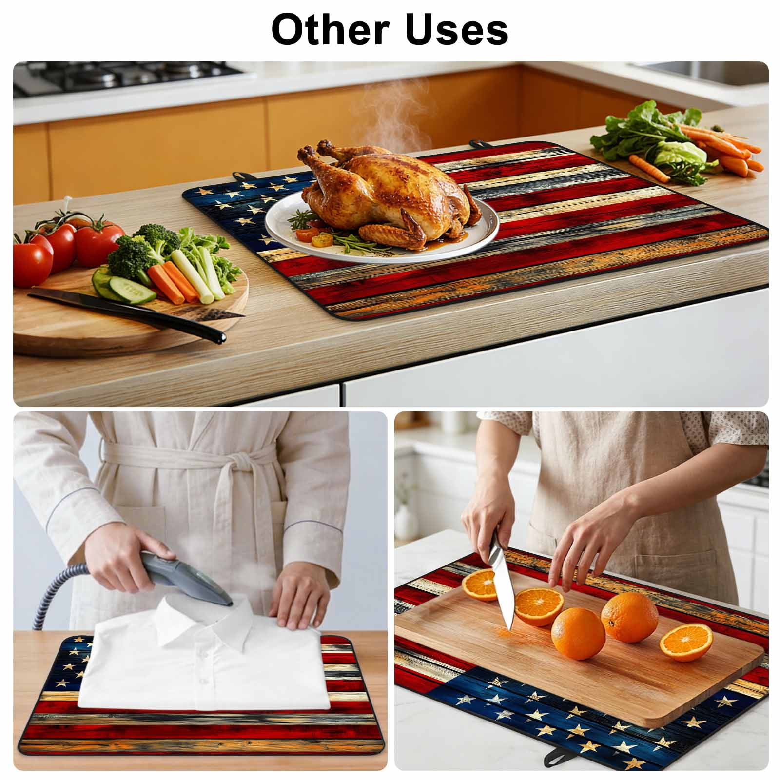Retro American Flag Stove Top Cover for Electric Stove, Heat-proof & Non Slip Glass Top Stove Cover Protector, Blue Red USA Flag Vintage Wood Kitchen Flat Cooktop Rubber Mat 24x21 Inches
