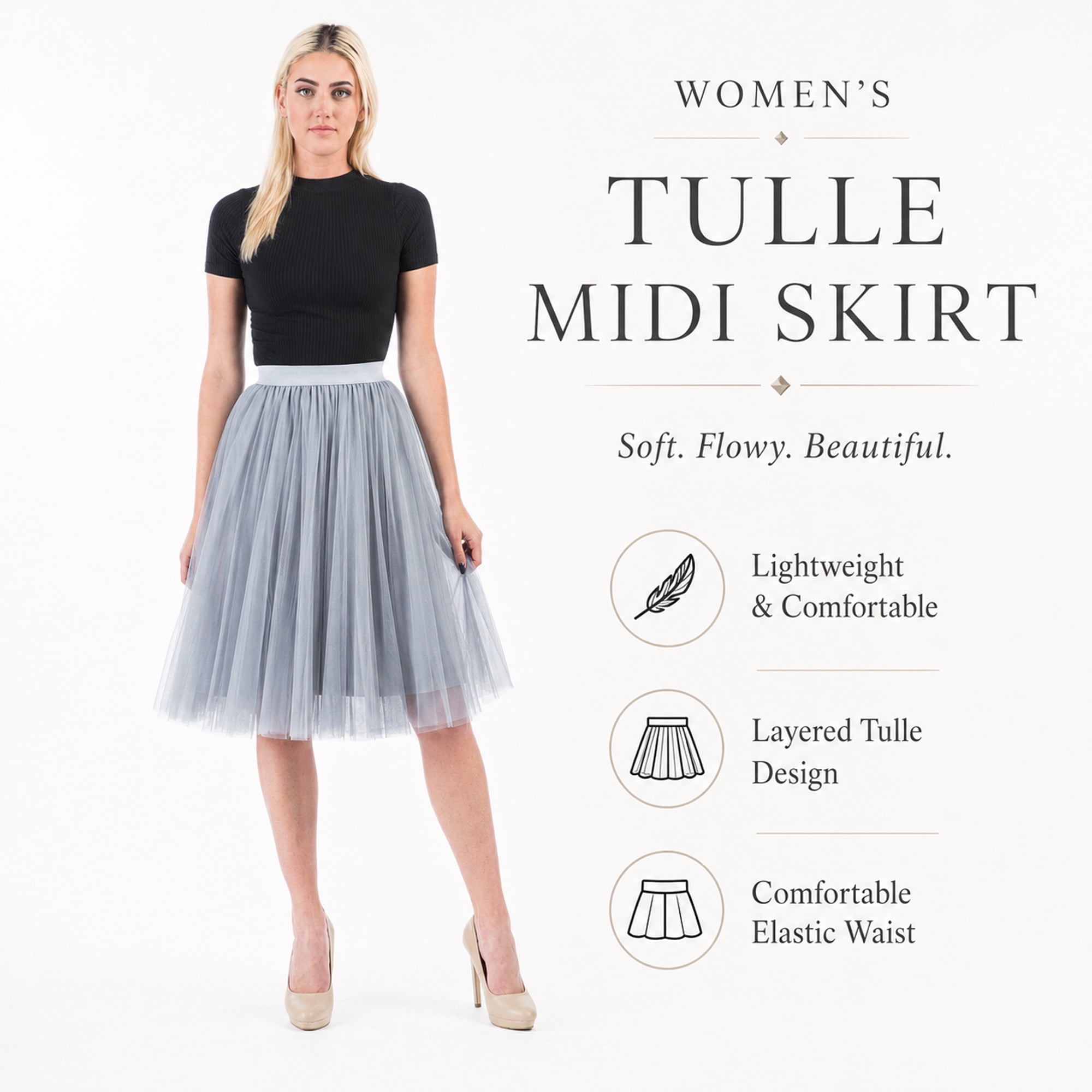 Women’s Gray Tulle Midi Skirt, Layered A-Line Tutu Skirt, One Size Elastic Waist Party Skirt