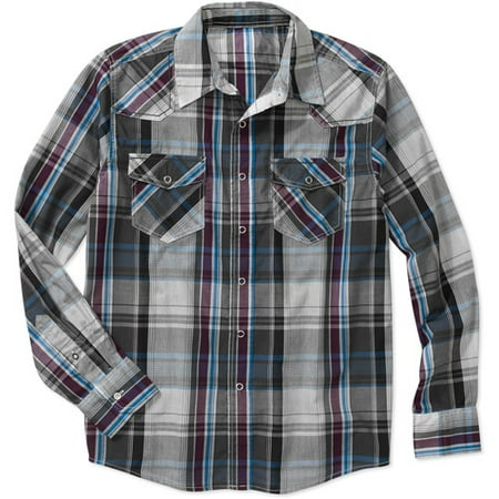 No Boundaries Men's Yarn Dye Plaid Woven Shirt