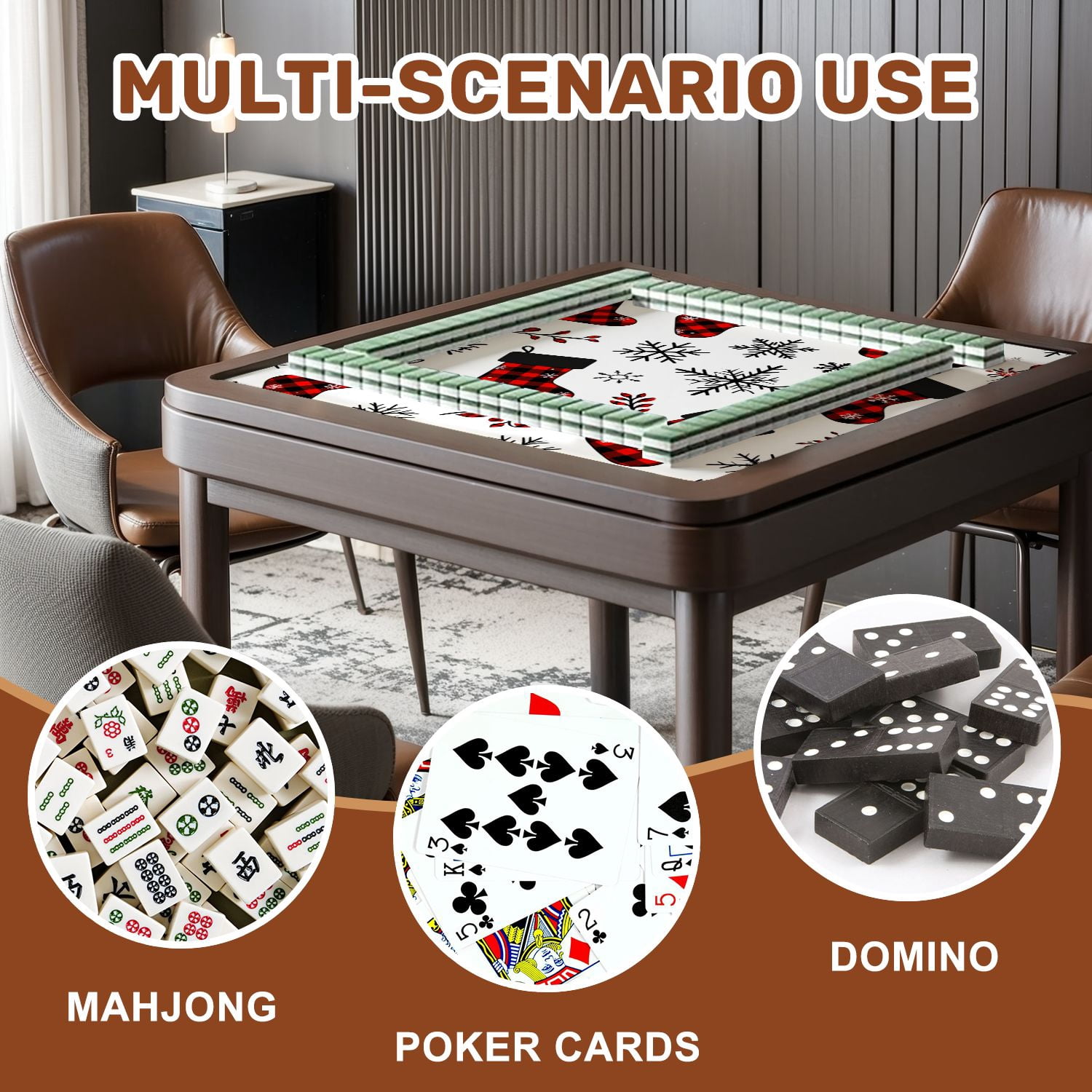 Mahjong Mat 31.5" x 31.5" Buffalo plaid Christmas stocking seamless Checkered socks snowflakes Non-Slip Noise Reduction American Mahjong Tiles Table Cover for Dominoes Poker Card Board Games Gift