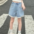 thumbnail image 4 of MKOSPLRT Lace Jeans Shorts for Girl 2-12 Years Elastic Waist Baggy Wide Leg Denim Shorts Solid Color Wash Jeans with Pearls Pockets, 4 of 5