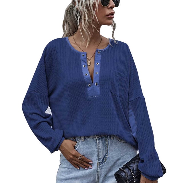 Blusa de manga larga para mujer, holgada, informal, elegante, camisa de color puro, jersey con bolsillo para el trabajo diario, azul marino L