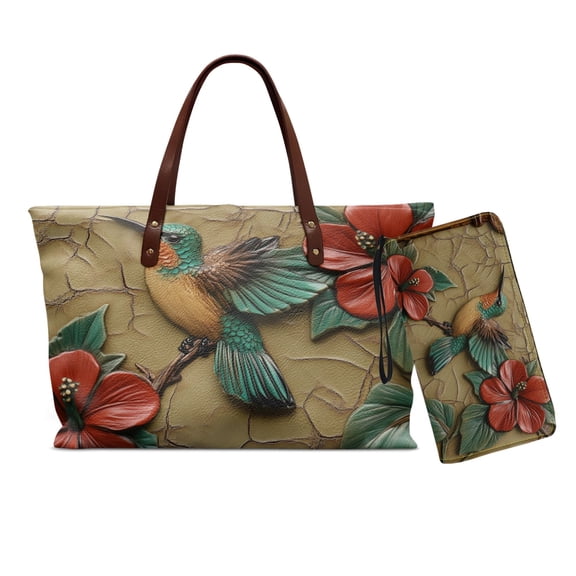 DISNIMO Hummingbird Hibiscus Print Handbag and Wallet Set of 2 Ladies Purse Wallet with Zipper Closure PU Leather Satchel Shoulder Purse