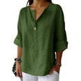 thumbnail image 4 of Green Womens Blouses Linen Shirts for Women Summer Cotton Linen V Neck 3/4 Sleeve Tops Loose Vacation Beach Solid Blouses Tunic Tops Ladies Tops and Blouses, 4 of 5