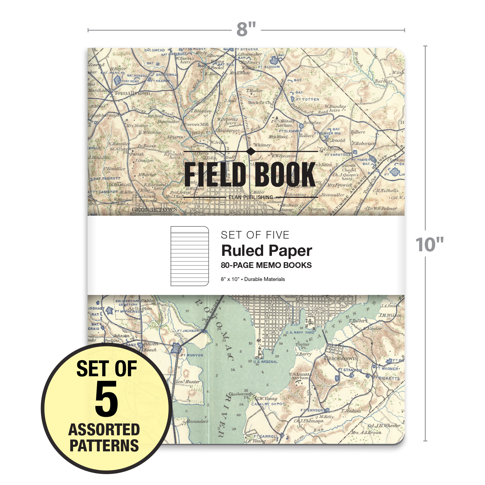 Elan Publishing Company Field Notebook/Journal - 8"x10" - Maps Covers - Lined - Pack of 5