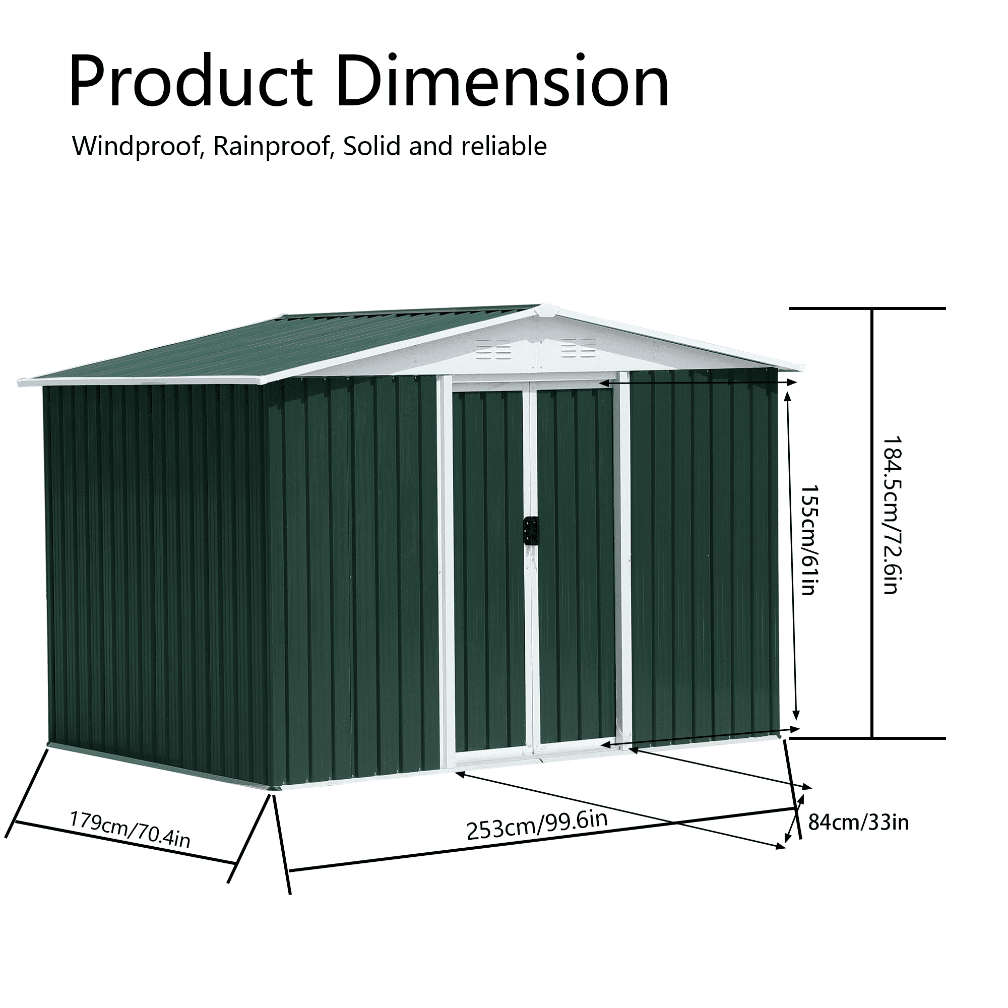 Mintazer 8x6 ft Apex Roof Outdoor Metal Storage Shed with & Lockable Sliding Double Doors, Ventilated Galvanized Steel Garden Tool Storage House for Backyard Patio Lawn, Green