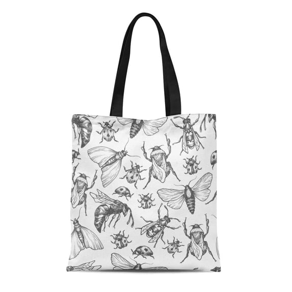SIDONKU Canvas Bag Resuable Tote Grocery Shopping Bags Insects in Different Poses Moth Butterfly Bee Bumblebee Ladybug Collection Tote Bag