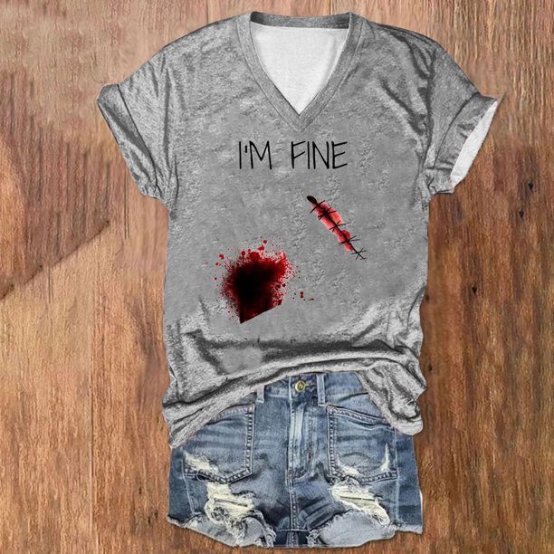 Fiudx Camisas de Mujer Camiseta de Manga Corta con Cuello En V y Estampado de Halloween para Mujer