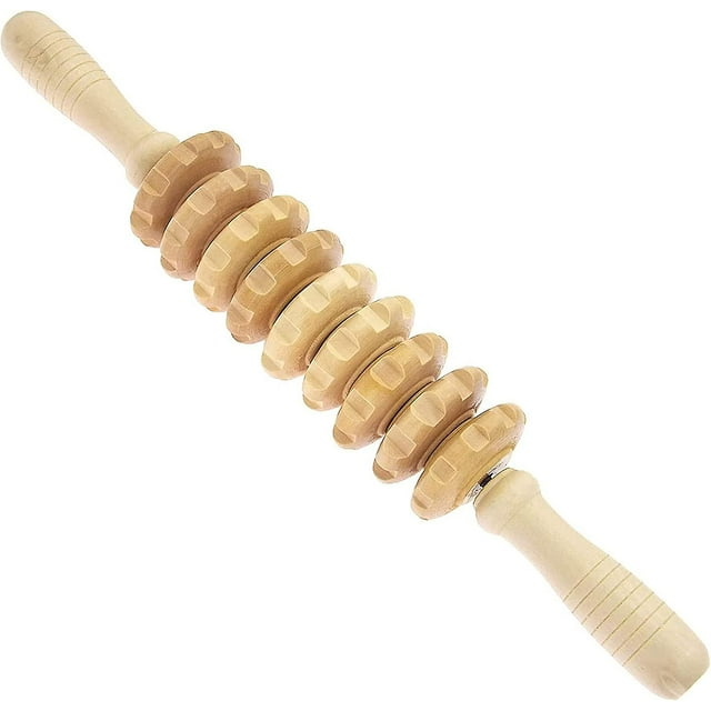 Massage Stick Massager Wooden Back Massager Roller with ergonomic wooden handles and textured rolling discs for deep tissue massage, muscle release, and targeting pressure points. Functions as a cellulite roller and fascia massage tool, suitable for athletes, yogis, and fitness enthusiasts. Lightweight and portable design.