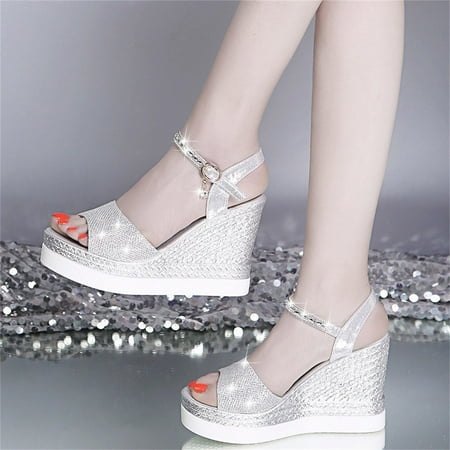 

Daqian Sandals for Women Clearance Summer Ladies Shoes Fish Mouth Medium Wedge Heel Metal Buckle Women s Sandals Slide Sandals for Women Silver 7.5(40)