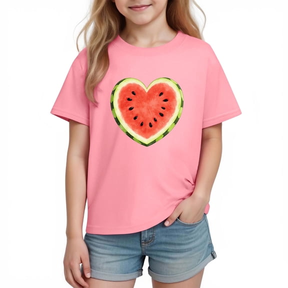 Cute Girls Watermelon T-Shirt Fruit Print Heart 100% Cotton Short Sleeve Graphic Tee, Pink,Size 3 T