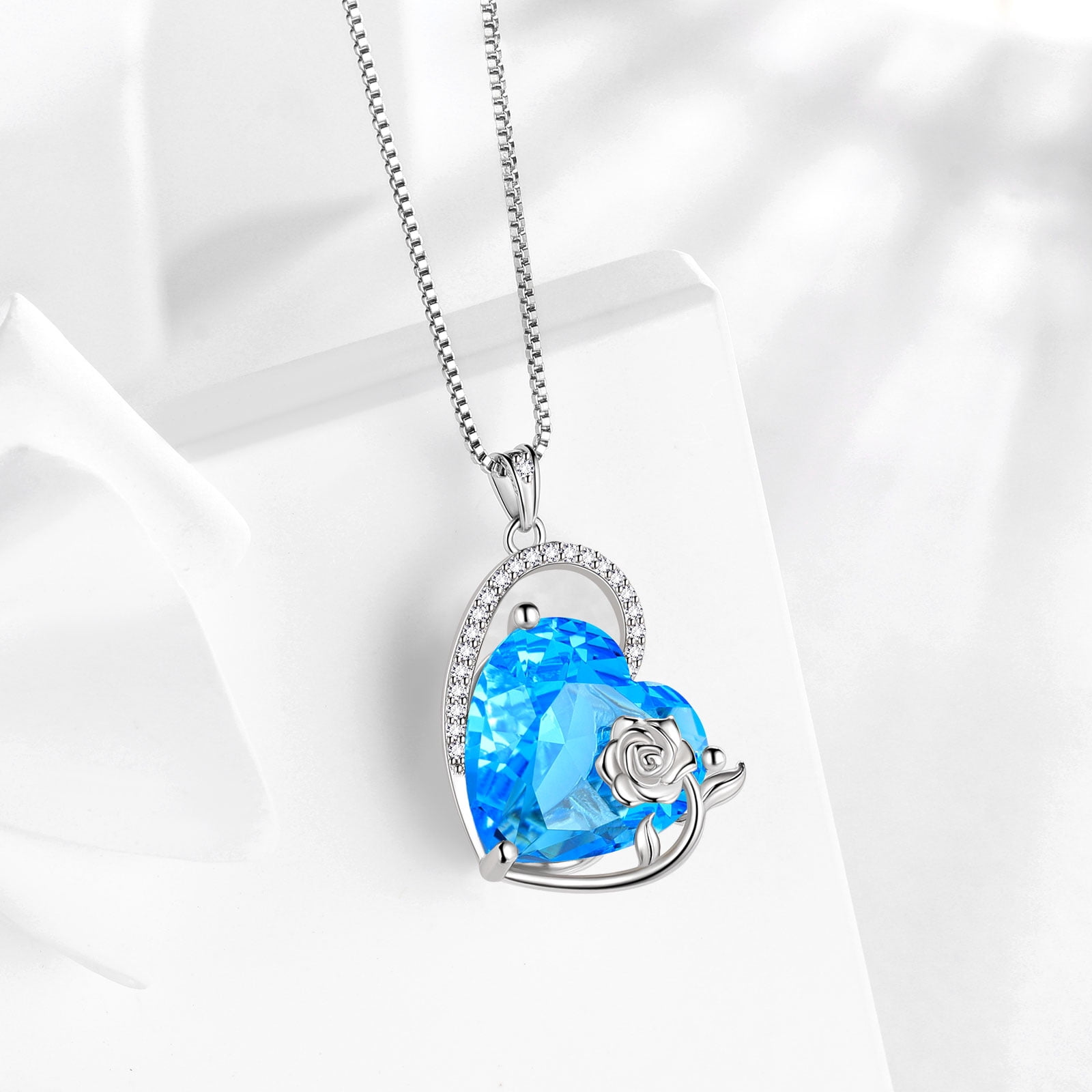 Juwaliy 925 Sterling Silver 15MM Heart Necklace Women March Birthstone Aquamarine Jewelry Blue Topaz Rose Flower Pendant Mother Birthday Valentines Gift for Her