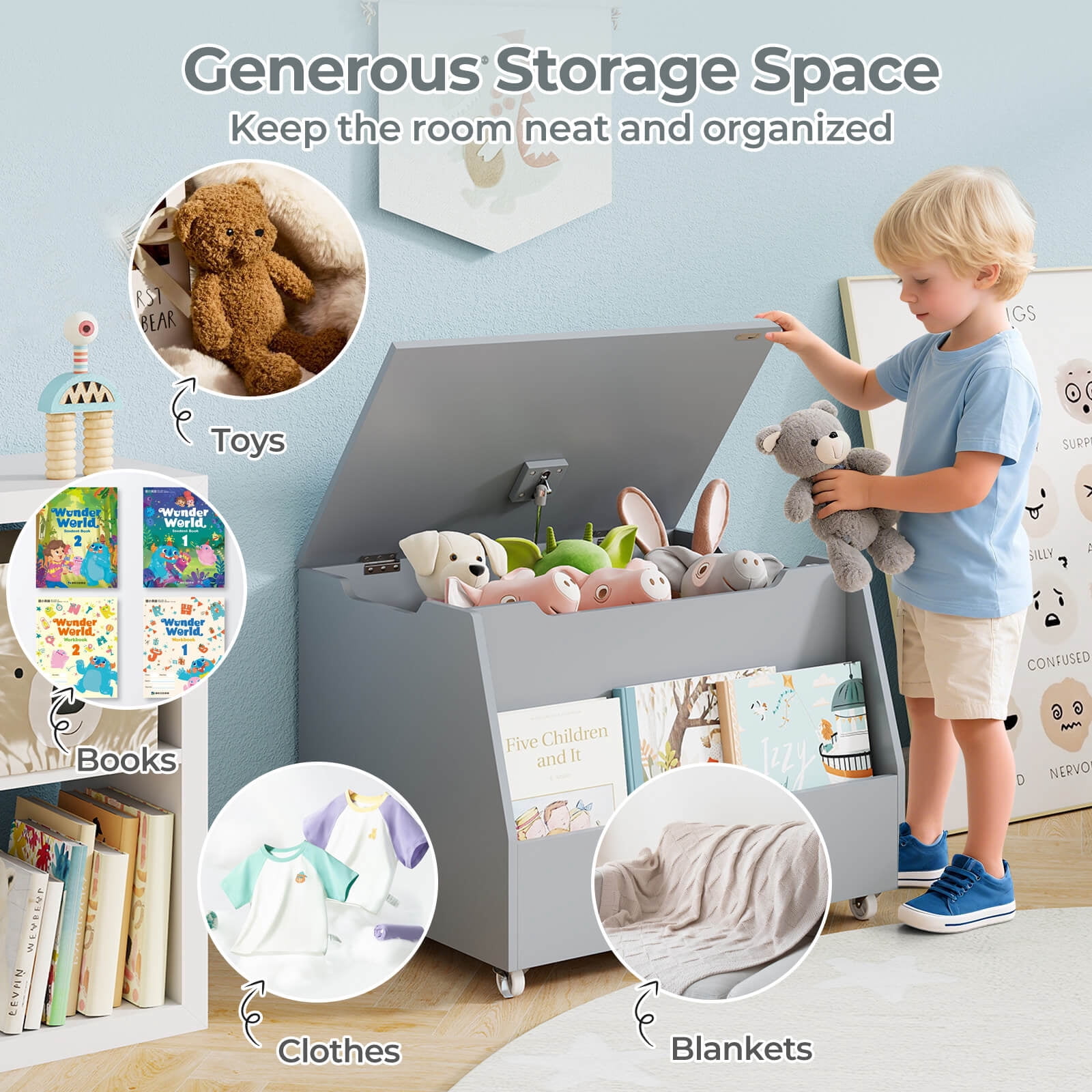 Costway Kids Toy Box Wooden Mobile Toy Storage Organizer with Bookshelf & Lockable Wheels Gray