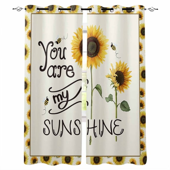 Sunflowers Blackout Curtains 90 Inch Length 2 Panels Set for Living Room Bedroom, Modern Bee You Are My Sunshine Beige Privacy Window Treatment Thermal Insulated Black Out Drapes 52"x90"