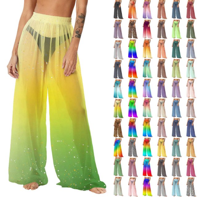 Pincandy Women's Cover Up Pants Sheer Sarong Coverups Summer Boho Beach Pant Elastic Waist Palazzo Cover Up Pants