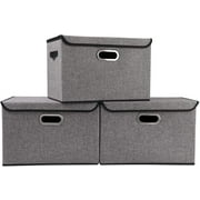 Large Foldable Storage Boxes Bins with Lids[3Pack] Stackable Collapsible Linen Fabric Storage Container Organizers with Handles for Home Bedroom Closet Office (Gray Color)