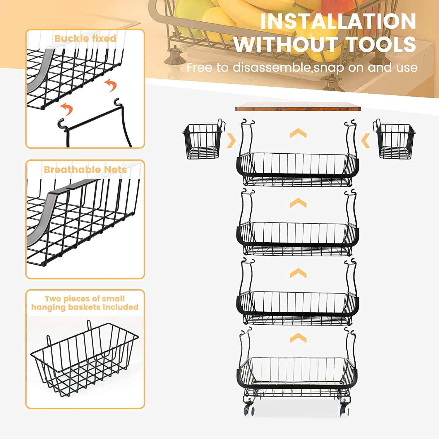 WERSEON 5 Tier Fruit Basket for Kitchen Organizers and Storage, Stackable Metal Wire Basket Stand Cart with Wheels for Fruit Vegetable
