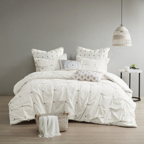 King/Cal King 3 Piece Elastic Embroidered Cotton Duvet Cover Set White - Bedding Sets