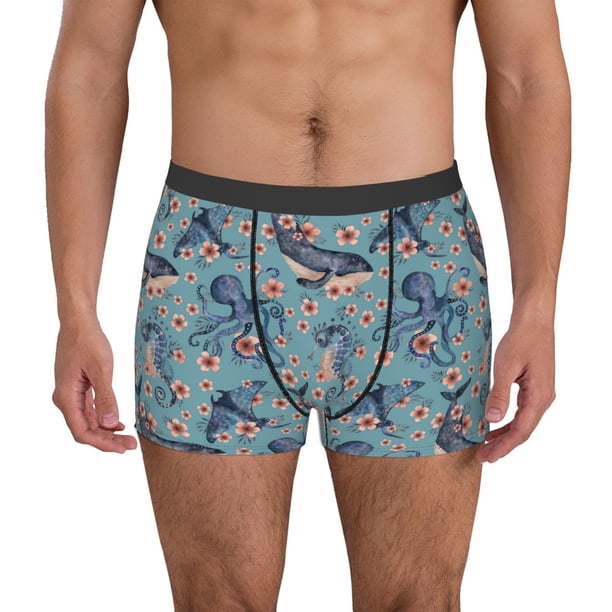 Balery Underwater Animals and Flowers Calzoncillos bóxer para hombre, ropa interior de algodón suave y transpirable con cinturilla de nailon-Medium