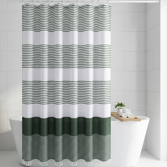 REGALWOVEN Striped Shower Curtain, Waterproof Bath Shower Curtain Sets with 12 Plastic Hooks, Washable Modern Farmhouse Decor Green 72"W x 72"L