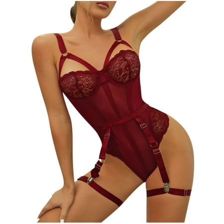 

YYDGH Women Lingerie Sets with Garter Belt Floral Lace Bra Sleepwear Push Up Strappy Nightwear Teddy Bodysuit Wine M