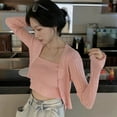 thumbnail image 3 of Women's Knit Striped Two-piece Tops Fashion Sexy Solid Color Sling + Long Sleeve Cardigan Coat, Pink, 3 of 8