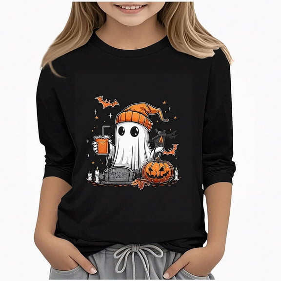 DJDLJWCJ Girls 3/11 Sleeve Halloween Shirt Kids Casual Crewneck Graphic Blouses for Halloween Black Size 7