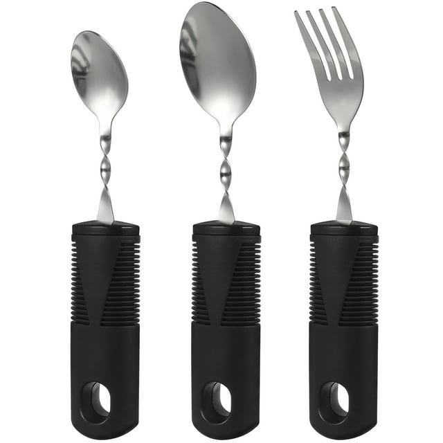 OULII Curved Spoon Fork Set Adaptive Utensils for Elderly Weighted Cutlery Portable for Travel