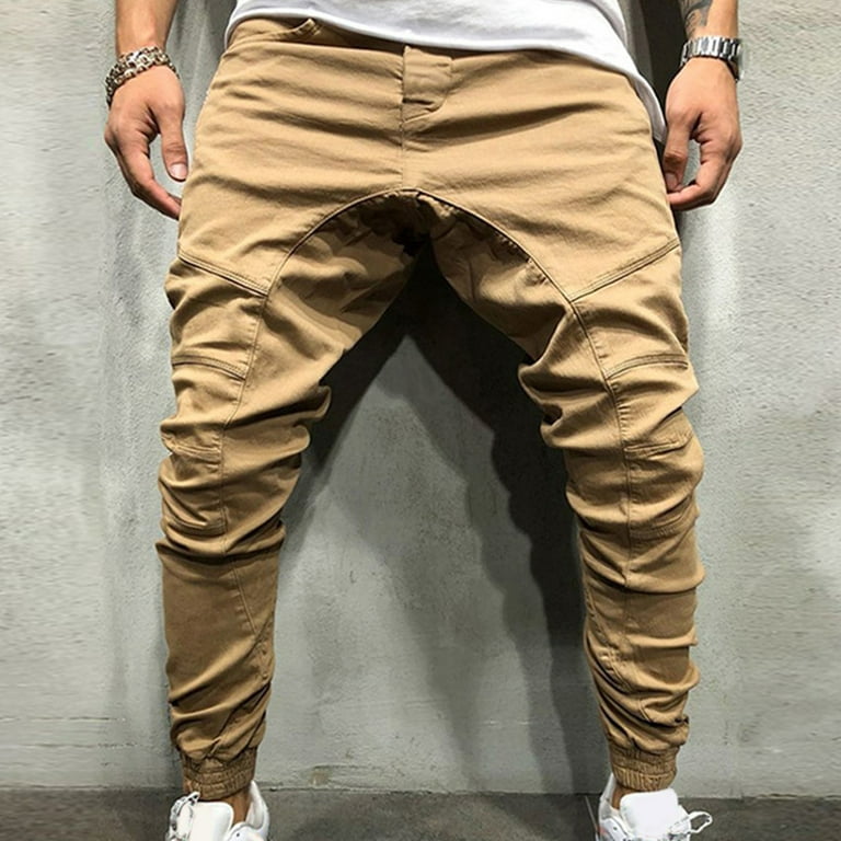 kpoplk Mens Cargo Joggers,Men's Drawstring Sweatpants Elastic Waist Solid  Color Loose Trousers with Pocket Cargo Casual Pants(Khaki,3XL) 