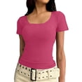 thumbnail image 2 of Plain T Shirts for Women Summer Short Sleeve U Neck Stretch Slim Fitted Tshirts Base Layer Solid Basic Tees, 2 of 6