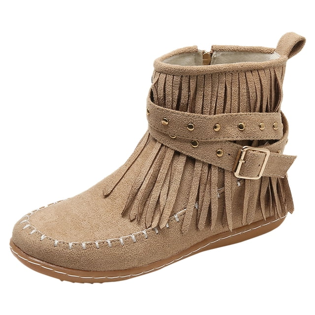 Bottines pour Femmes Confortables Couleur Unie à Franges Grande Taille Décontractées Mi-Cylindriques Tête Ronde Style Western