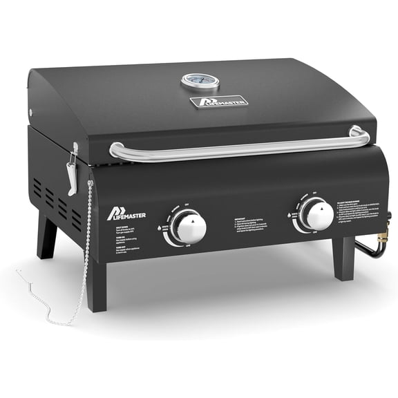 ZHIBO Portable Gas Grill, Dual 10,000 BTU, 275 sq in, Push-Ignition, Windproof Lid, Thermometer