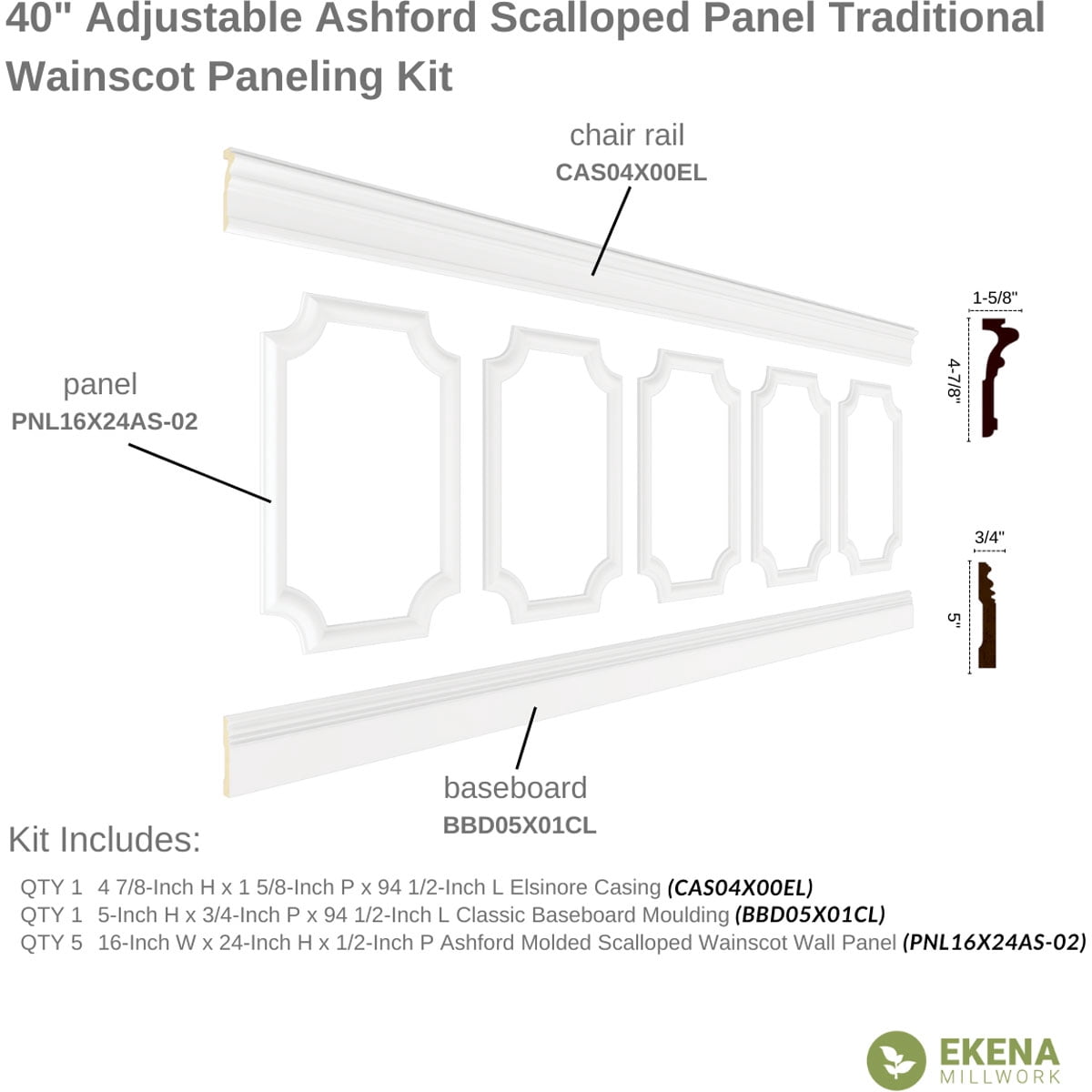 Ekena millwork 94 1/2"L (Adjustable 40"H to 44"H) Ashford Scalloped Panel Traditional Wainscot Paneling Kit