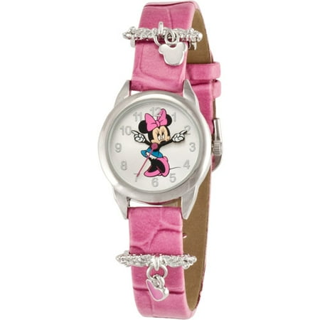 Disney Italian Charm Watch - Disney Girl's Minnie Mouse Pink Heart Charm Watch, Simulated-Leather Strap