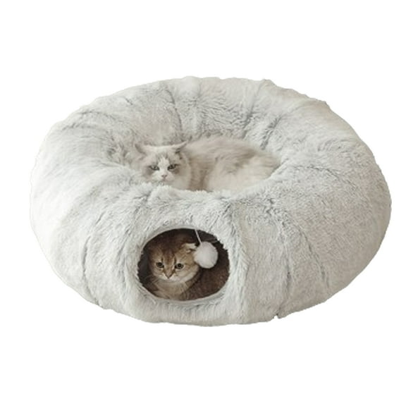 Anself Cat Tunnel with Cat Bed for Indoor Cats, Collapsible Plush Cat Cave Tube with Fluffy Toy Ball, Multifunctional Cat Toys for Small Medium Large Cat, Puppy, Rabbit, Ferret, Gray