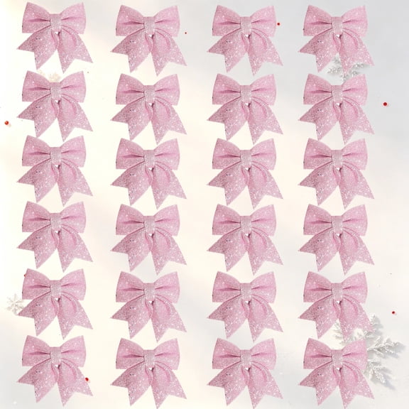 24 Pcs Pink Glitter Bows For Christmas Decoration, Holiday Ribbon Bows For Tree Hanging & Garland Xmas Home Party Supplies