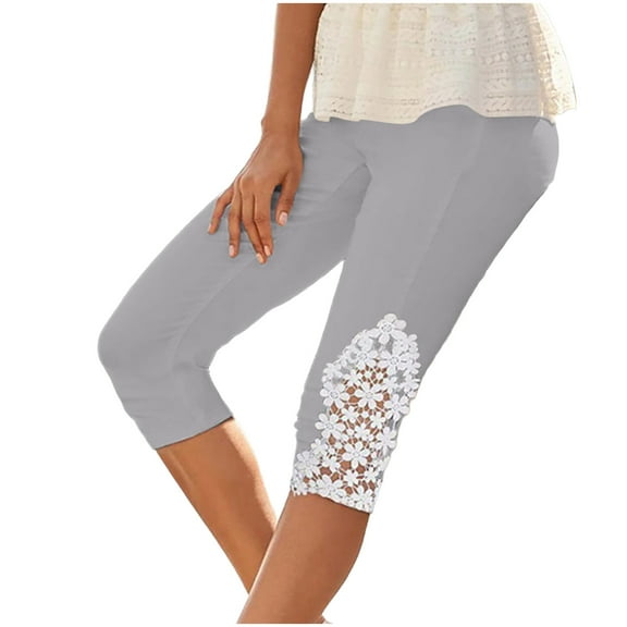 Qiopertar Lace Stitching 3/4 Pants for Women Casual Solid Color Capri Pants Bohemian Embroidery Cropped Trousers Relaxed Fit Lounge Wear, Gray 3XL